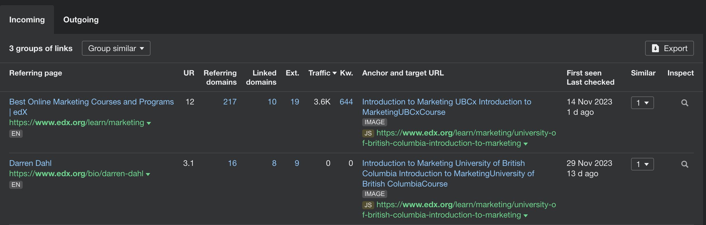 Internal links report in ahrefs